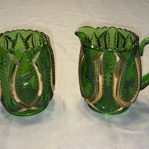 Riverside Glass Green Pressed Glass Creamer and Sugar Set
